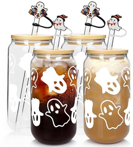 ANOTION Halloween Cups,20oz/625ml Beer Can Glasses with Lid & Straw, Tumbler Coffee Cups, Decor & Cookie Jar Glassware, Water Bottles-4 Pack