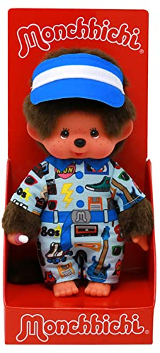 Sekiguchi 243099 - Original Monchhichi Junge, Plüschfigur im 80er Jahre Outfit und Kappe, ca. 20 cm großes Kuscheltier aus braunem Plüsch