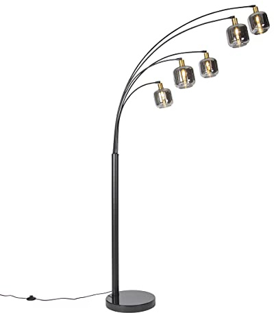 Qazqa Modern Stehleuchte, Stehlampe - Zuzanna - Schwarz mit Rauchglas, max. 25W, Geeignet für LED, 5-flammig, 221cm, Ideal als Wohnzimmerlampe
