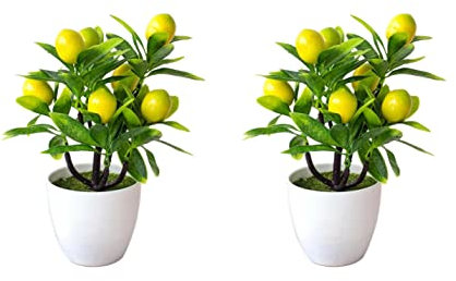 URPIZY 2Pcs Bonsai de Limón Artificial - Limonero Artificial Pequeño en Plástico para El Hogar, Oficina, Escritorio