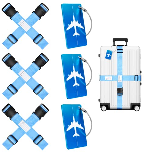 6 Stück Koffergurt Mit Adressschild + 3 Kofferanhänger, Gepäckgurt, Kofferband Auffällig, Gurtband, Kreuzgurt (6 Blau)
