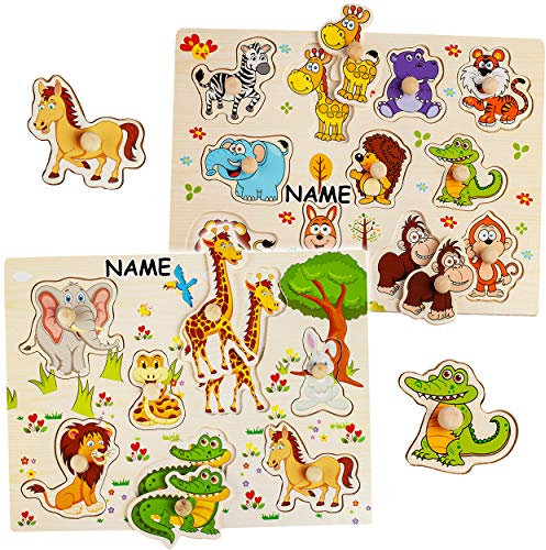 alles-meine.de GmbH 2 Stück - Holz - Steckpuzzle - Bauernhof Tiere & Zootiere - inkl. Name - aus Holz - mit Griff - großes Holzpuzzle/Einlegepuzzle - Legespiel - Rahmenpuzzle /..