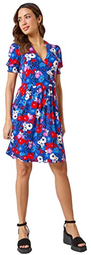 Roman Originals Floral Print V-Neck Wrap Stretch Dress for Women UK - Ladies Everyday Holiday Spring Summer V-Neckline Comfy Soft Evening Vacation Work Party - Blue Pink - Size 18
