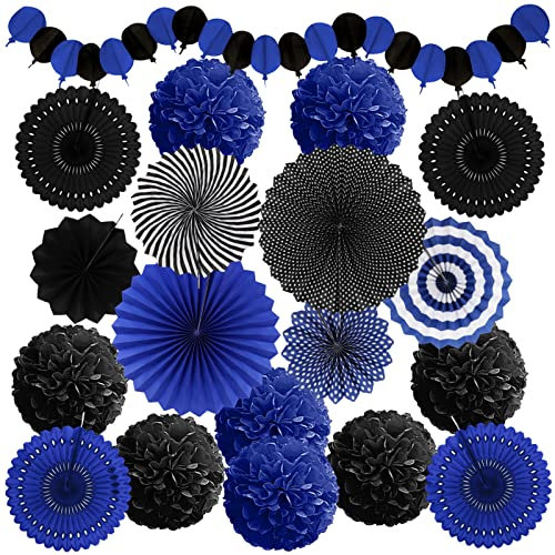 Recosis Party Decorations, Black Navy Blue Papar Fans Pompoms Garlands for Men Boy Fathers Day Graduation Wedding Birthday Party Decoration