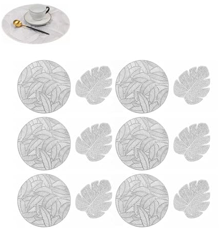 Set di 12 Tovagliette Foglia Scavate and Tovagliette Rotonde, Tovagliette Sottopiatto Tappetini da Tavola Resistenti al Calore per Tavolo da Cucina, Matrimoni, anniversari, Natalizie(D'argento)