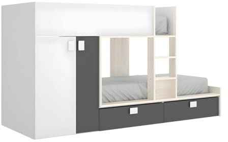 Rimobel Etagenbett mit Kleiderschrank - 2X 90 x 190 cm - Weiß, Naturfarben & Anthrazit - JUANITO