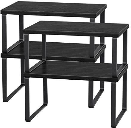 CADUKE Set of 4 Kitchen Counter Shelves Stackable Shelf Organizer Stackable Wood Countertop Shelf Expandable Cabinet Shelf Organizers Countertop Storage Rack for Pantry (Modern Black)