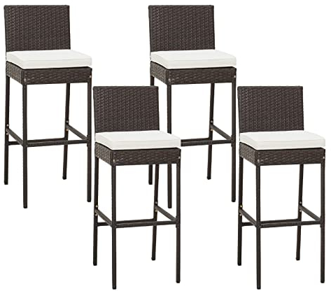 COSTWAY 4er Set Barhocker mit Sitzpolsterung & Fußstütze, Barstuhl Rattan mit stabilem Metallgestell bis 180 kg belastbar, Tresenhocker für Hinterhof, Balkon, Braun (4)