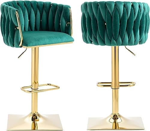 SUPPNEED Barstuhl,Samt Barhocker 2er Set,Verstellbare Barstühle, Drehbar Küchenhocker mit Fassrücken für Küche und Hausbar,Emerald