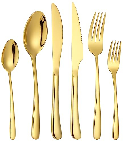 CISAY Juego de cubiertos para 6 personas, 36 piezas, color negro, acero inoxidable, incluye cuchillo, tenedor, cuchara, cuchillo de carne, pulido espejo, apto para lavavajillas (dorado)