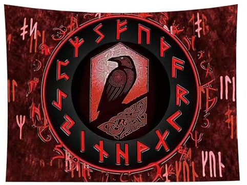 THETAG Wikinger Deko Wandtuch Wanddeko Wandteppich Rot Runen, Odins Raben Nordische Mythologie Deko Aesthetic Tapestry Wandbehang Schlafsaal Schlafzimmer Halloween Weihnachten