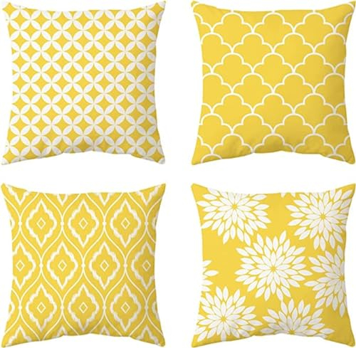 Wasserdichte Kissenbezugen, Geometrie Kissenhülle Atmungsaktiv Platz Weich Kissen Fall Gelb Sommer Sofakissen für Outdoor Balkon Terrasse Patio Garten Bauernhaus Zierkissen, 4er Set 60x60cm Q-7842