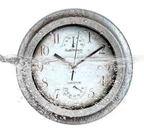 kyaoayo Reloj de pared resistente al agua para exteriores, sin tictac, creativos relojes redondos con manecillas, relojes de pared retro para construcción, decoración para patio, piscina, jardín,
