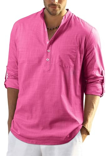 Enlision Mens Cotton Linen Shirts Summer Lightweight Hot Pink Beach Shirt Long Sleeve Roll Up Collarless Henley Shirt 4XL