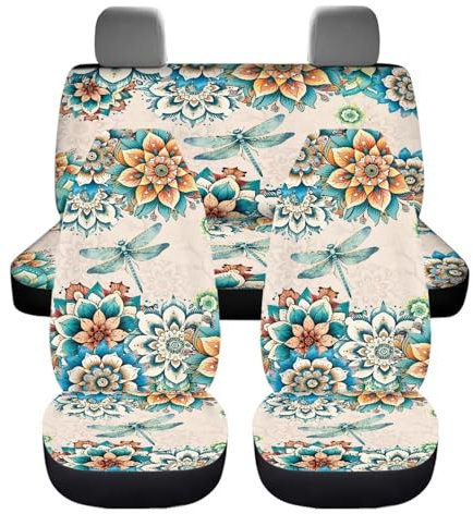 UOIMAG Boho Libelle Autositzbezug für Damen, Blumenmuster, Vordersitz und Rückenlehne, vollständiges Set mit 4 Stück