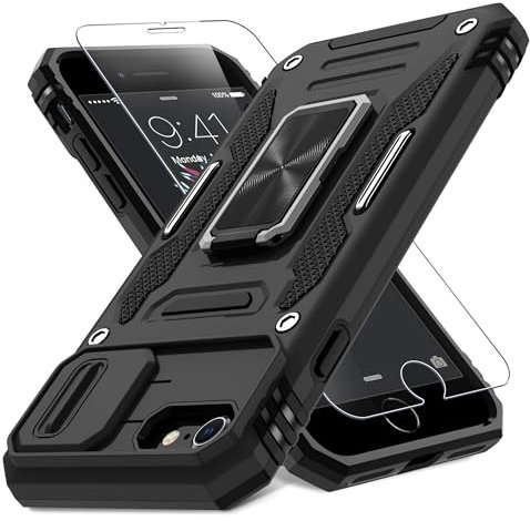 DEERLAMN Étui de protection antichoc pour iPhone SE 2022/2020, iPhone 8/7 avec protection coulissante pour appareil photo + protecteur d'écran, anneau rotatif, béquille de qualité militaire, 11,9 cm,