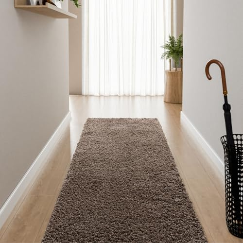 Interiyou Hochflor Teppich Sofia - 80x250 cm Taupe - flauschig und einfarbig - waschbar und rutschfest - weicher Langflor