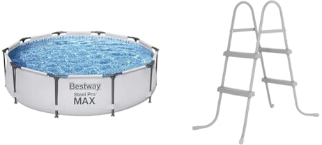 Bestway Steel Pro Max | Metal Frame Above Ground Pool, Family Outdoor Pool 10ft & Flowclear 84 cm Pool Ladder, Grey