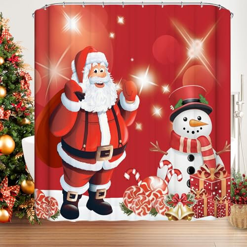 Famibay Tenda da doccia natalizia 180 x 180 cm, con Babbo Natale, pupazzo di neve, tenda da bagno con 12 ganci, tenda da doccia ponderata impermeabile in poliestere tende da bagno per bagno vasca da