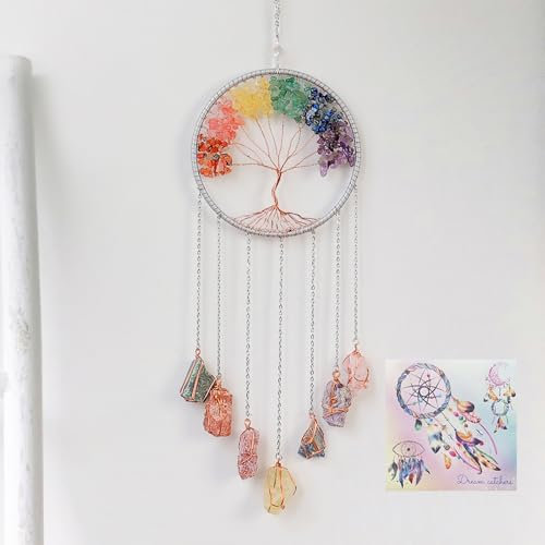 Acchiappasogni con albero della vita, con cristalli dei 7 chakra, gemma naturale, pietra grezza, decorazione per camera da letto, giardino, colore: argento