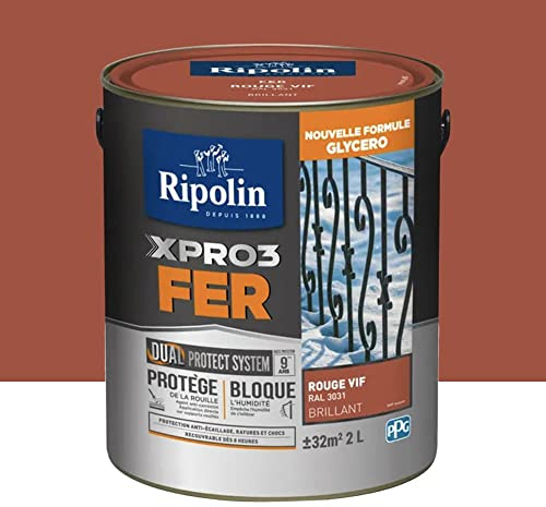 RIPOLIN Peinture fer glycéro XPRO3 Fer Brillant Rouge Vif 2 L