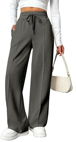 PINSPARK Damen Jogginghose High Waist Sporthose Weites Bein Sweatpants mit elastischem Bund Yogahose Trainingshose Fitness Sweathose Baggy Freizeithose mit Taschen Dunkelgrau S