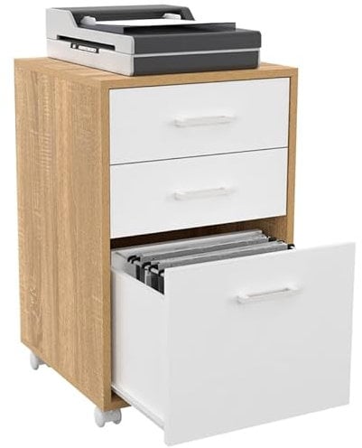 IDMarket - Caisson de Bureau Jon Support imprimante 3 tiroirs Blanc et Bois