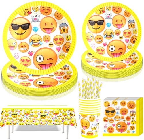 Sunshine smile 51 Stück Emoji Partygeschirr Set,Partygeschirr Geburtstag,Kindergeburtstag Geschirr Set,Kindergeburtstag Deko,Geburtstag Deko,Mit Teller Becher Servietten,Party Geschirr für 10 Gäste