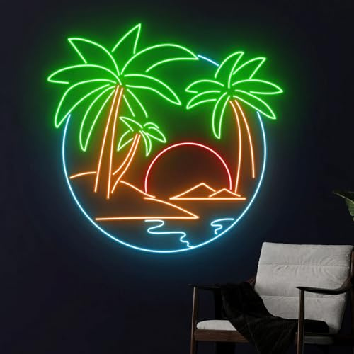 Xusdamyj Palm Tree Sun Neon Sign,Beach Sea Ocean Led Light, Tropical Island Led Sign, Pool Party Wall Room Decor