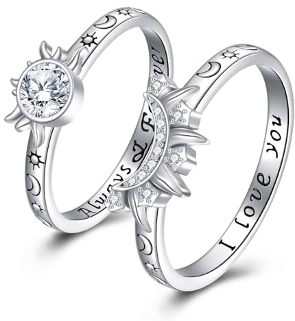 KZX Sonnen- und Mond-Ring-Set, stapelbare Ringe für Damen, 925er-Sterlingsilber, Ring-Set, Sonne und Mond, Schmuck, Freundschaftsring, Geschenk für Schwester, Ehefrau, Freundin, Sterlingsilber