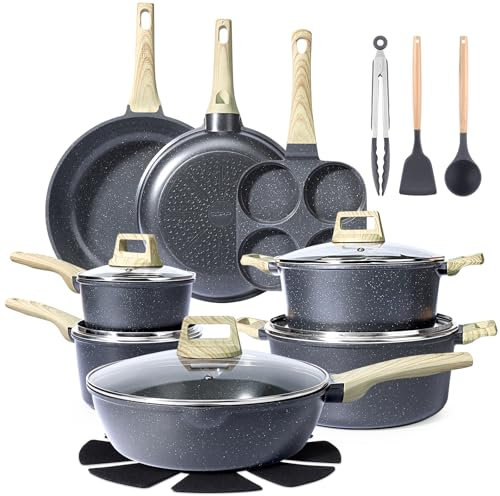 GiPP 22-teiliges Keramik Töpfe und Pfannen Set Antihaft – Antihaft Kochgeschirr Set, Ungiftiges Gesundes Küchenkochset, Spülmaschinenfest, PFAS PTFE PFOA PFOS Frei (Grau, 22 Teile)