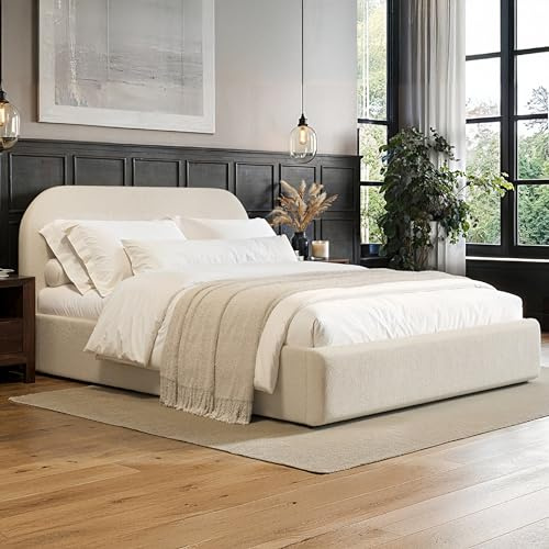 Flair Furnishings - Alba Double Ottoman Bed Frame with Storage, Low Double Bed Frame with Curved Headboard, Easy to Lift, Elegant and Refined (Cream Boucle Fabric)