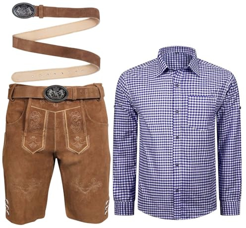 ALL THE GOOD Herren Trachten Set Lederhose mit Gürtel + Trachten Hemd Bayerische Oktoberfest Trachtenlederhose MGKHBR01