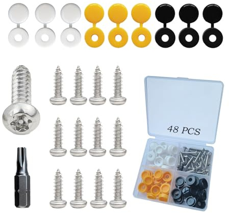 48 Pcs Number Plate Screws, M4 Anti Theft Number Plate Screws and Caps, number plate fixing kit, Includes Black, White and Yellow Plastic Hinge Caps and screwdriver bit