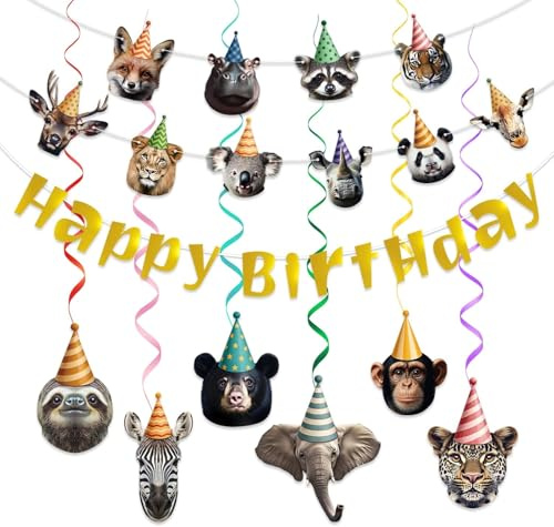 Safari Animal Birthday Party Decorations - Happy Birthday Banner, Jungle Animal Banner & Swirls Hanging Decorations for Kids Boys Girls - Wild Zoo Party Supplies