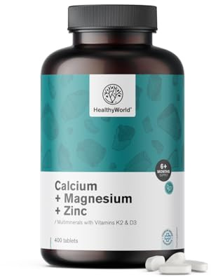 HealthyWorld Kalzium + Magnesium + Zink Komplex - 400 Tabletten | Mit 2 Vitaminen & 7 Mineralstoffen, Mit Vitamin D3 & K2, Unterstützung für Vitalität & Immunsystem, Mehr als 6 Monate Vorrat