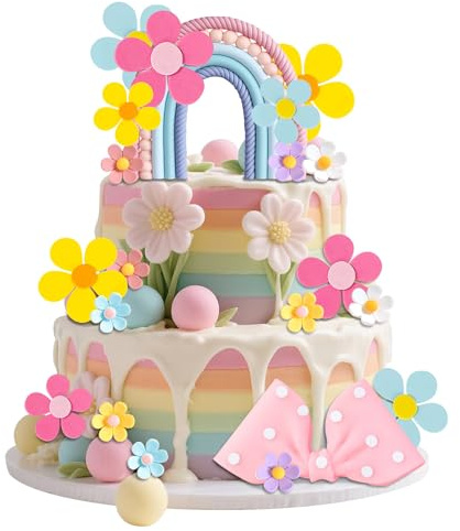 CHarmeFleur 36 Stück Regenbogen Kuchendekoration, Boho Blumenschleifen Kuchenaufsätze, Regenbogen Pastell Kuchenaufsatz Geburtstag, Macaron Kuchendekoration für Kinder Mädchen