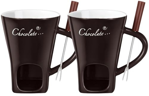 VLFLG 2 Stück Schokofondue Tasse, Käsefondue Set mit Gabel | Keramik Tasse Schoko Fondue, Schokoladenfondue Becher für Butter, Karamell, Käse und Schokolade - 200ml, Braun