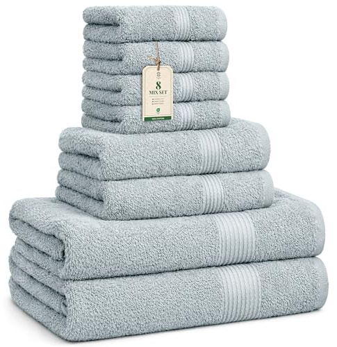HomeBurg Luxe Set de Toallas 100% Algodón - 8 Piezas, 3 tamaños (30×30, 40×70 y 65×137 cm) - Suaves, absorbentes y de fácil Cuidado, Azul Hielo