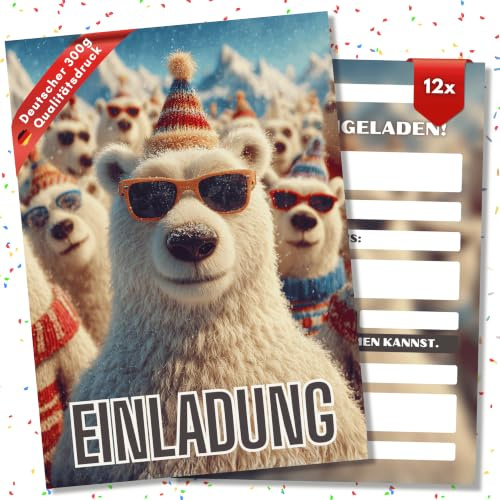 HIDEBLOOM Eisbär Einladungskarten Kindergeburtstag Junge und Mädchen- 12 Stück - DIN A6 (10,5 cm x 14,8 cm) - Geburtstagseinladungen Einladungskarten Geburtstag - Einladung Eisbär Wollmütze