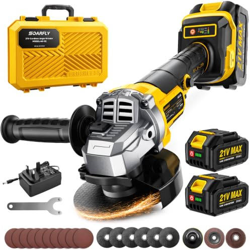 SOARFLY Cordless Angle Grinder, Max 10000RPM, 4-1/2 Inch, Brushless Battery Grinder Tool with 2 pcs 4.0Ah Battery, Motor stall Protection, Drop Protection, Akku Flex for Cutting Grinding Polishing