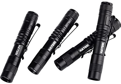 [4 Pack] Hatori Super Small Mini LED Flashlight Set Battery-Powered Handheld Pen Light Tactical Pocket Torch with High Lumens for Camping, Outdoor, Emergency, Everyday Flashlights, 3.55 Inch