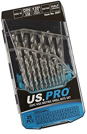 US PRO 25pc HSS Metal Drill Bit Set Metric 1mm to 13mm with Case 2642