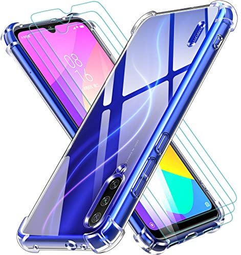 ivoler Funda para Xiaomi Mi A3 con 3 Piezas Cristal Templado, Carcasa Protectora Antigolpes Transparente, Suave TPU Silicona Caso Delgada Anti-Choques Case