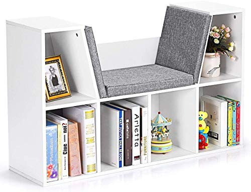 RELAX4LIFE Bücherregal weiß, Bücherschrank mit Sitzkissen, Sitzbank mit 6 Fächern, hochdichter Schwamm, Aktenregal aus Holz, Standregal belastbar bis zu 140 kg, Raumteiler für Bücher, Schuhe, CD