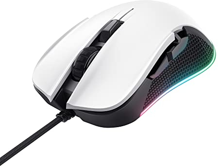 Trust Gaming GXT 922W Ybar Gaming Maus mit RGB LED-Beleuchtung, 200-7200 DPI, USB Kabel 2,1 m, Erweiterte Software, PC Maus mit 6 Programmierbare Tasten für Computer und Laptop - Weiß
