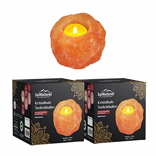 SalNatural 2er Pack Salzkristall Teelichthalter Rosa in Naturform Ø 8 cm Höhe 7 cm, handgearbeitetem Salzstein (bekannt als Himalaysalz aus der Salt Range Punjab Pakistan) Premium Geschenkbox