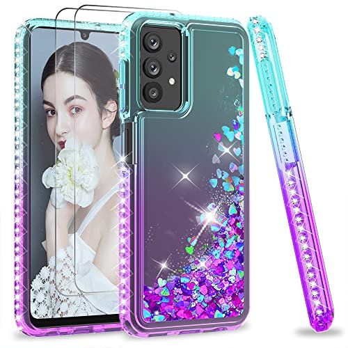 LeYi Glitzer Hülle für Samsung Galaxy A13 4G Handyhülle mit 2*Panzerfolie Schutzfolie, Rhinestone Glitter Flüssig Strass Cover Bling Stoßfest Schutzhülle Case Handy Hüllen Frauen Türkis Lila