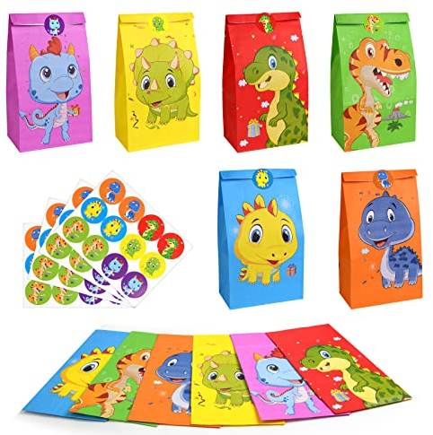 Flintronic Geschenktüten, 42 Stücke Dinosaurier Papiertüten Partytüten, Papiertüten mit süßen Aufklebern Taschen Krafttüten für Kinder Party, Feiern, Baby Geburtstag,Halloween, Weihnachten,Christmas