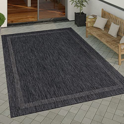 Paco Home Outdoor Teppich wetterfest & pflegeleicht Flachgewebe in Sisal-Optik mit Bordüre UV-beständig Modern für Balkon, Terrasse, Garten, Wohnzimmer, Grösse:140x200 cm, Farbe:Anthrazit